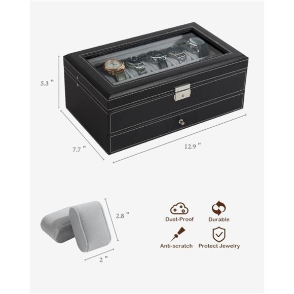 Watch Box 12 Slot Watch Display Organizer Leather Jewelry Case Drawer Glass - Picture 3 of 7
